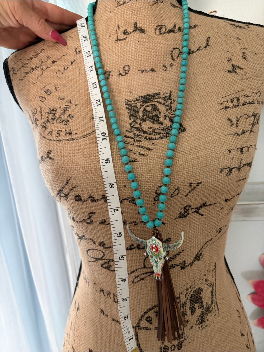 Turquoise Beaded Cow /Bull Skull Pendant Necklace with Brown Tassel - Picture 4 of 5